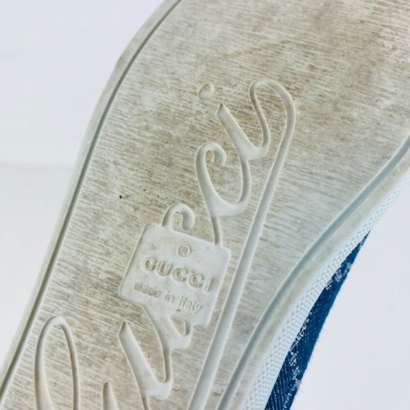 Gucci Blue Denim Monogrammed GG Logo Leather Trim Low Top Tennis Trainers UK 3 - Picture 8 of 10